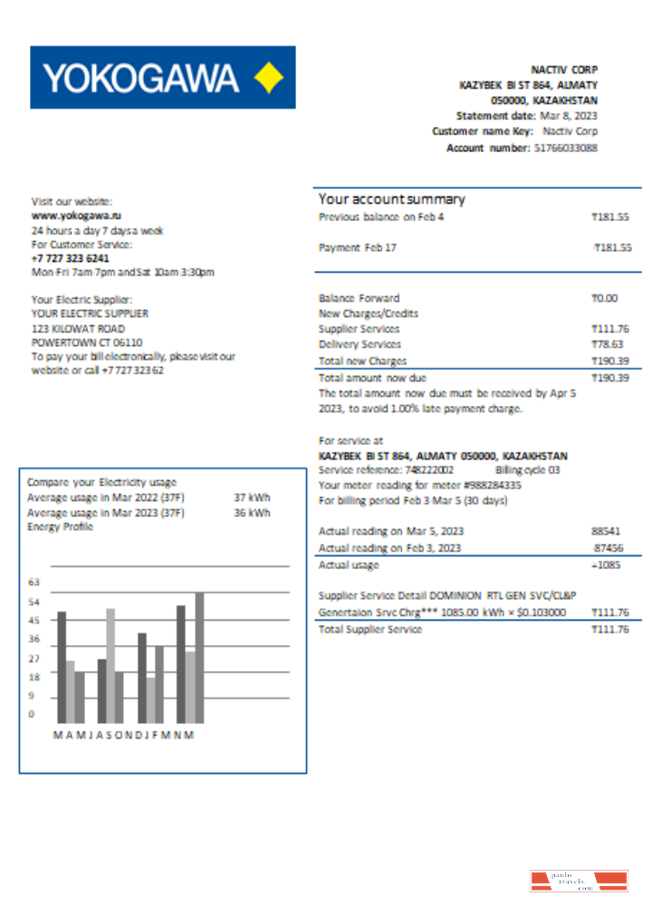 Yokogawa Electric Kazakhstan Ltd. utility business bill, SCR PSD template